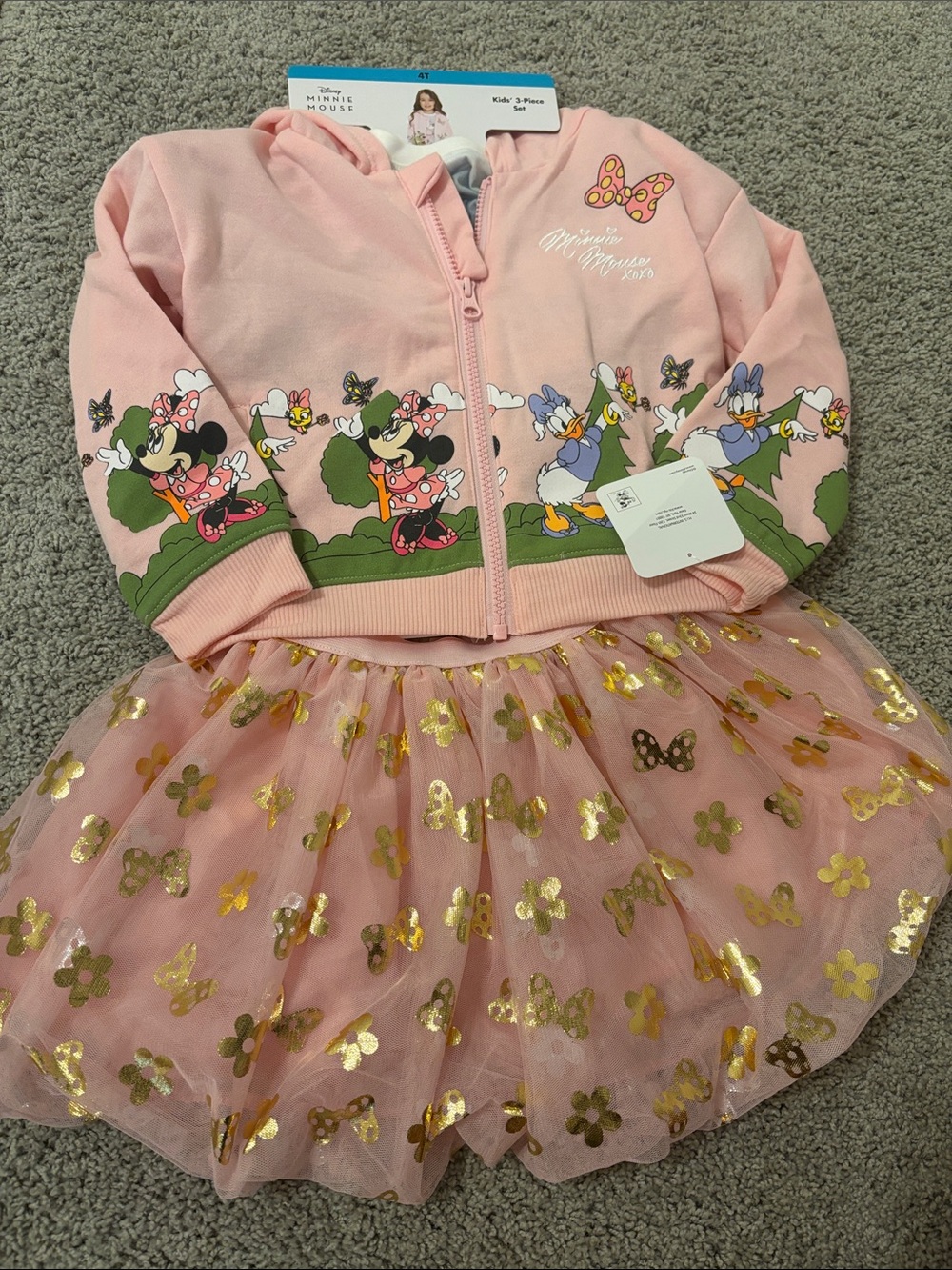 New! Disney Pink Minnie & Friends Hoodie with Gold Accent Tutu